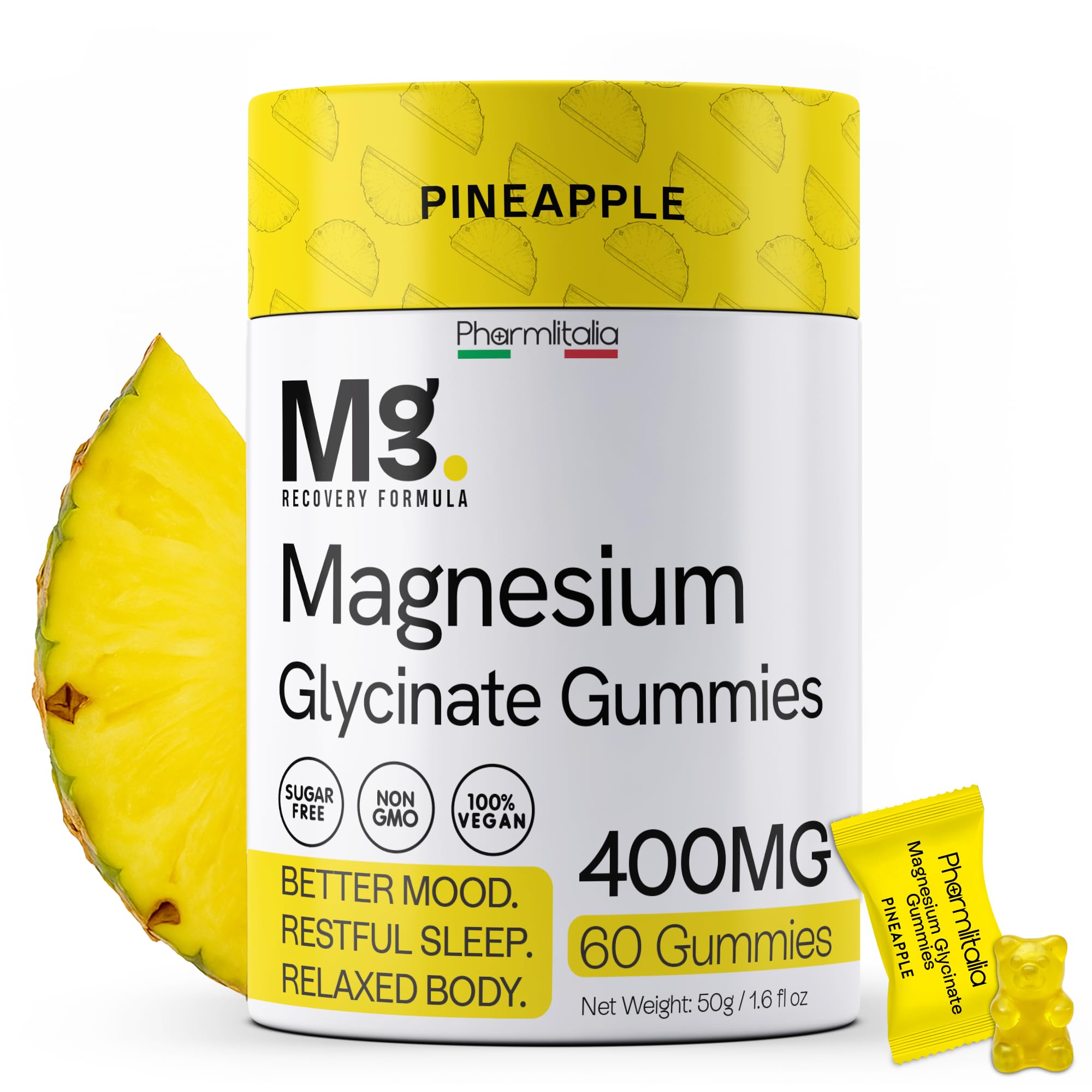 Bottle of Magnesium Glycinate Gummies 400mg Pineapple flavor