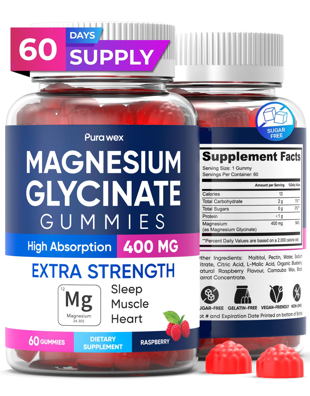 Raspberry flavor magnesium glycinate gummies bottle front