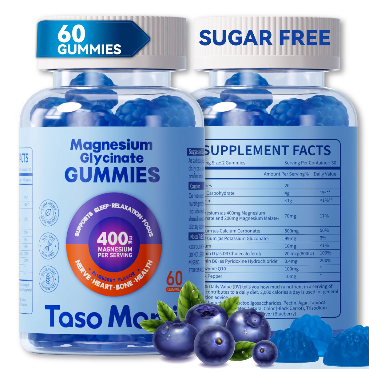 TASOMOMI Magnesium Glycinate Gummies 400mg Sugar Free Blueberry box