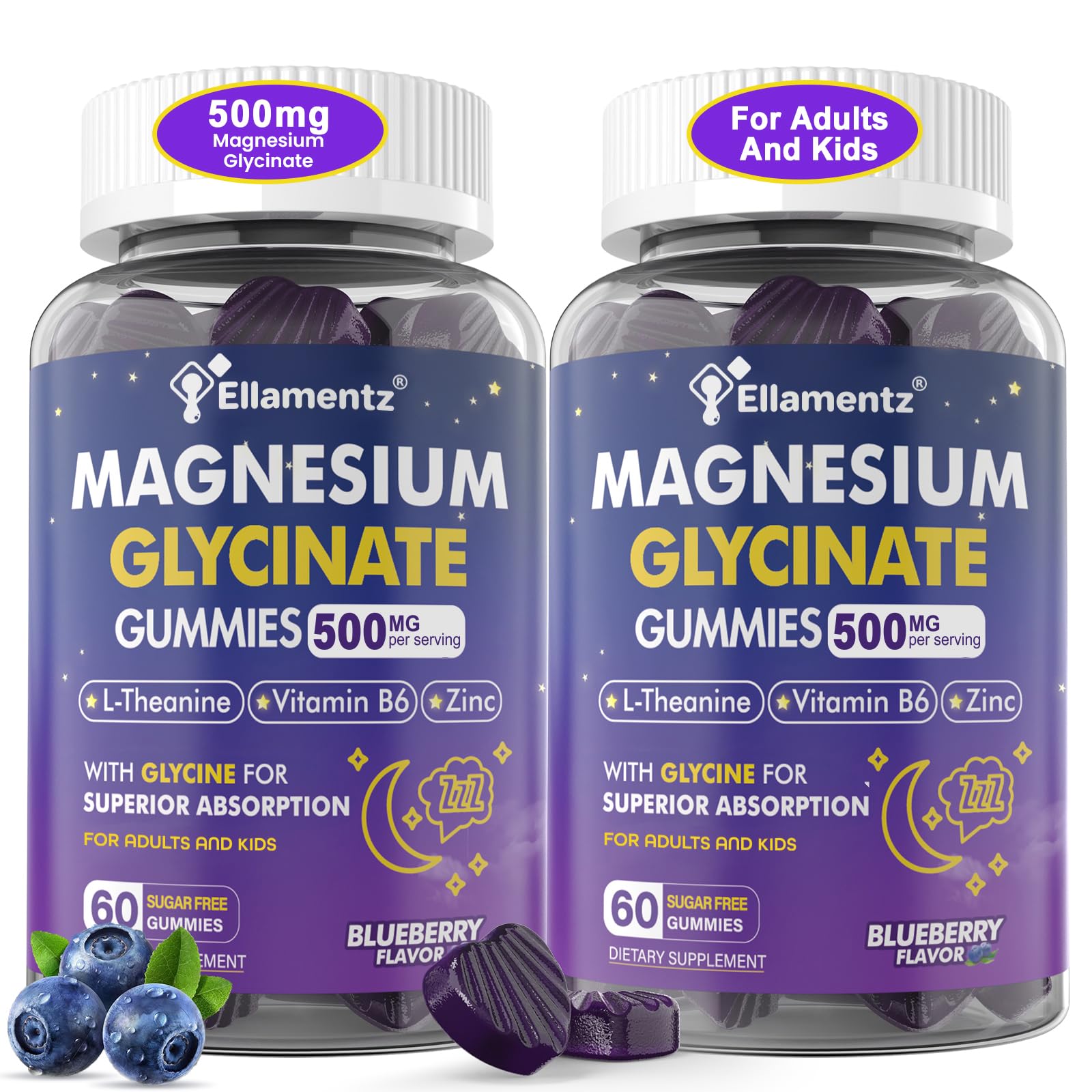 Magnesium Glycinate Gummies 500mg/250mg for adults, kids and teens — 2-pack