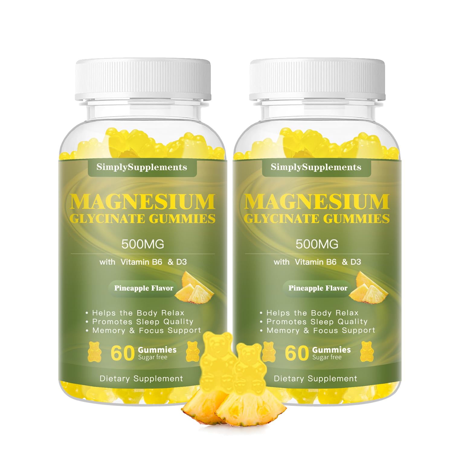 Front view of Magnesium Glycinate Gummies bottle with pineapple flavor