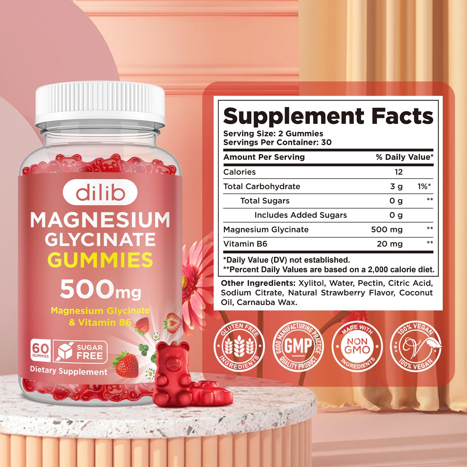 Icons indicating non-GMO, gluten-free, dairy-free and vegan-friendly