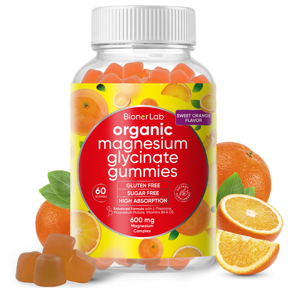 Magnesium Glycinate Gummies 600mg orange flavor bottle close-up