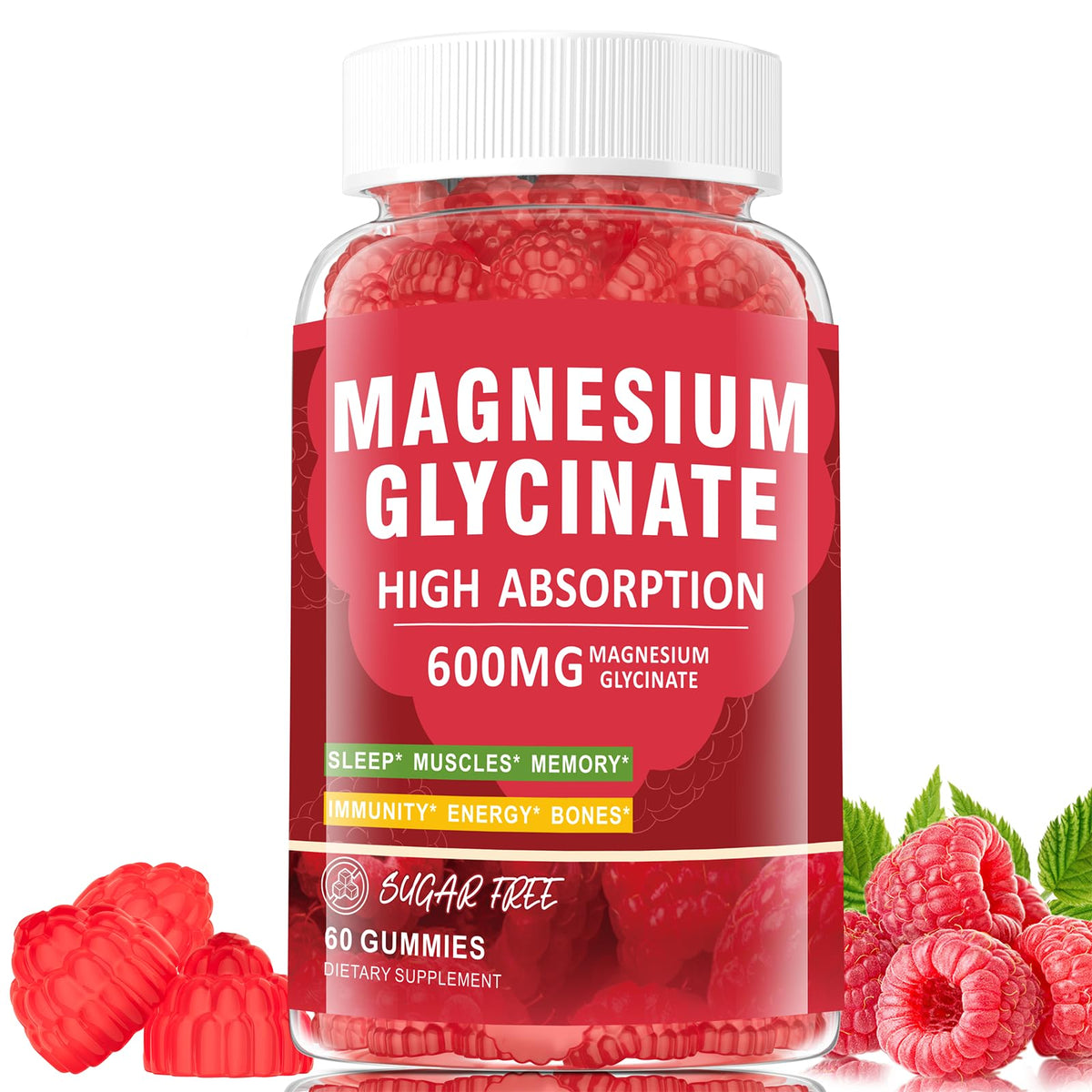 Magnesium Glycinate Gummies Raspberry 600mg bottle – front view