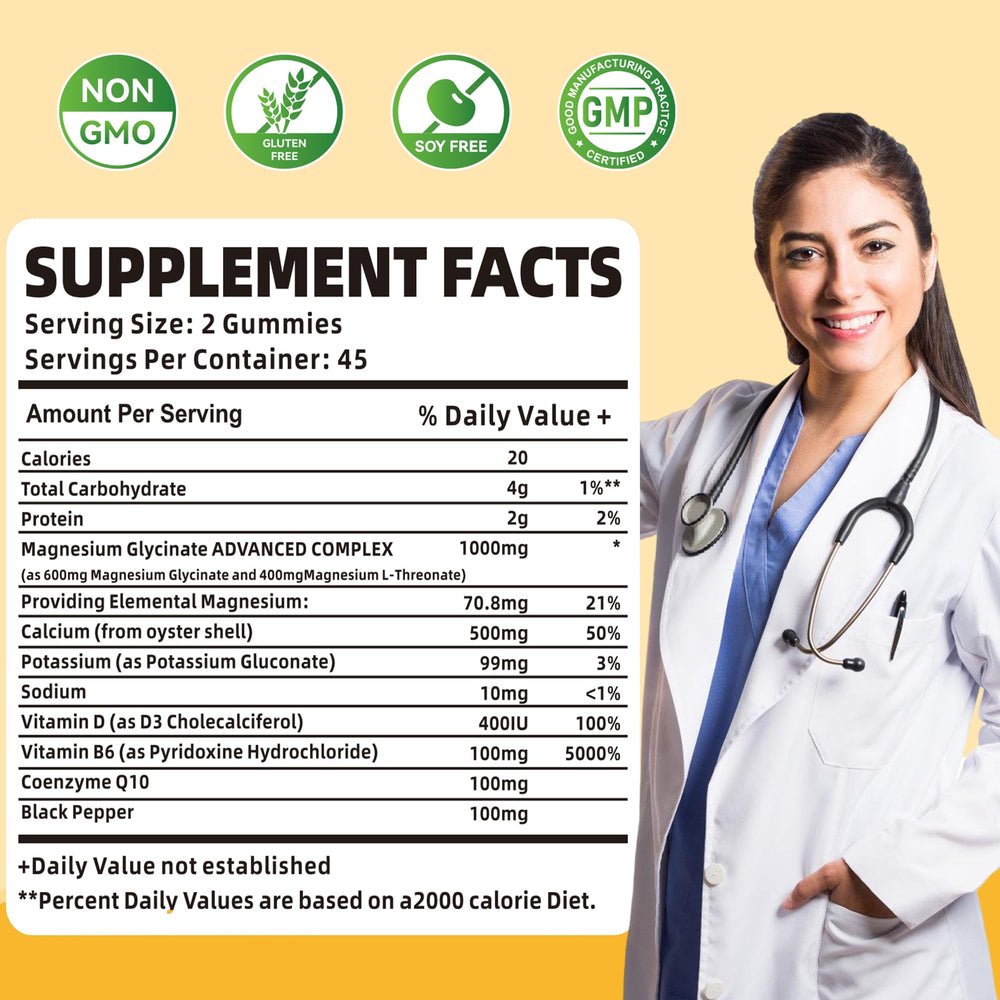 Label highlighting 1000mg magnesium glycinate with vitamins D and B6