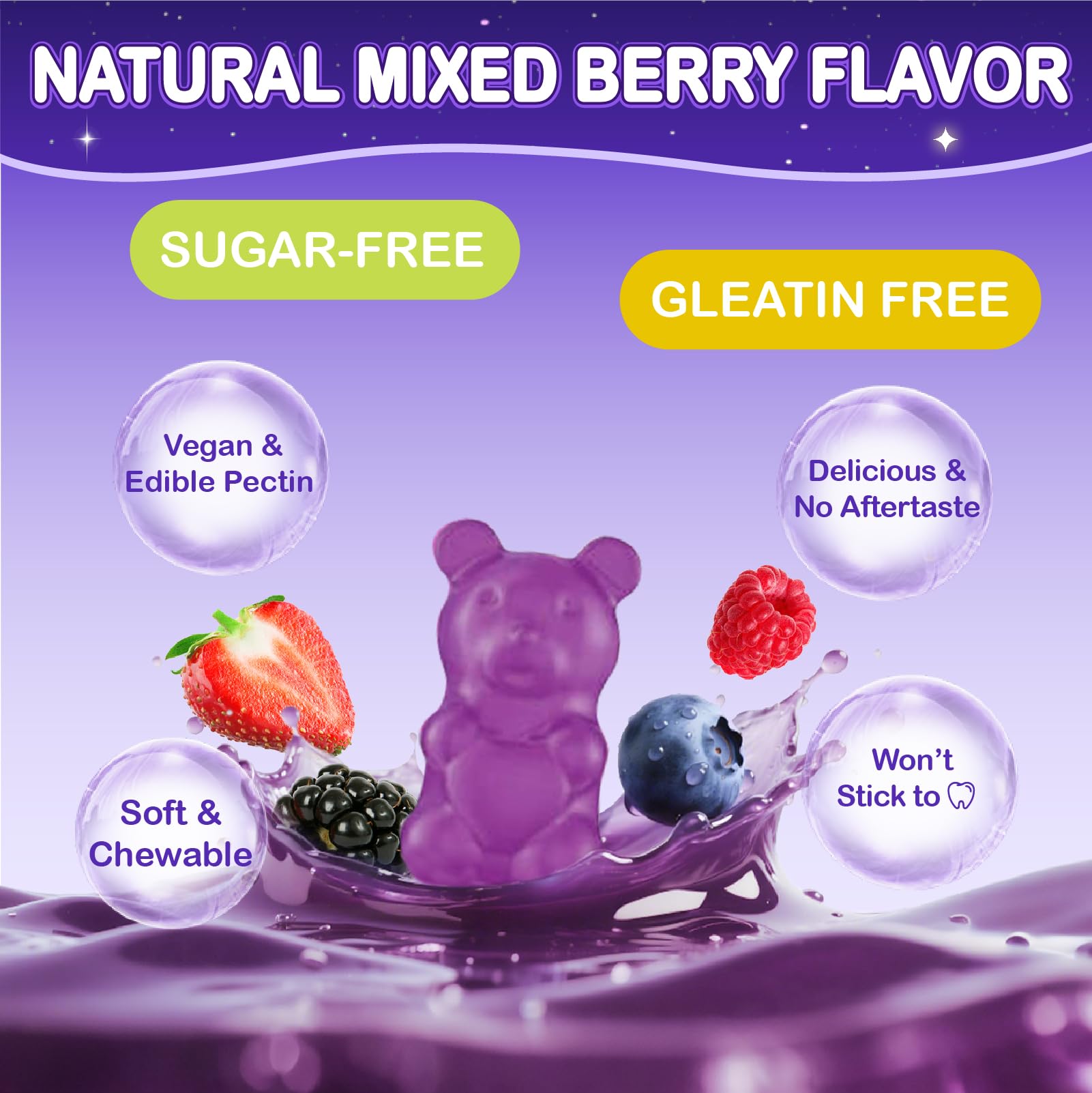 Close-up of kid-friendly gummy with chamomile and L-theanine imagery