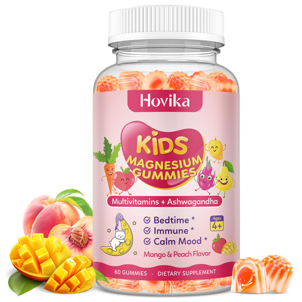 Front of Magnesium Glycinate Gummies for Kids Peach & Mango packaging