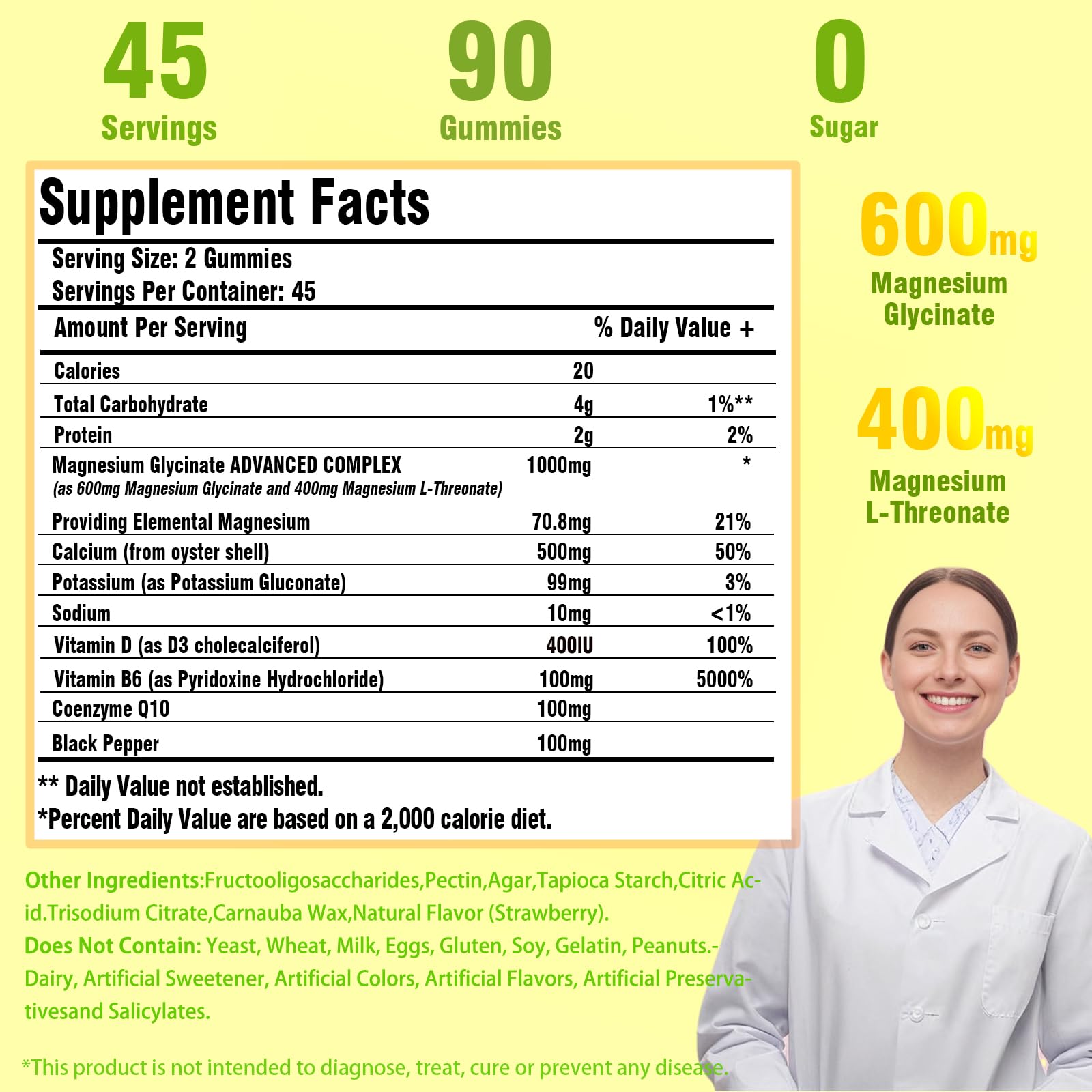 Nutrition facts label on magnesium glycinate gummies bottle