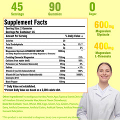 Nutrition facts label on magnesium glycinate gummies bottle