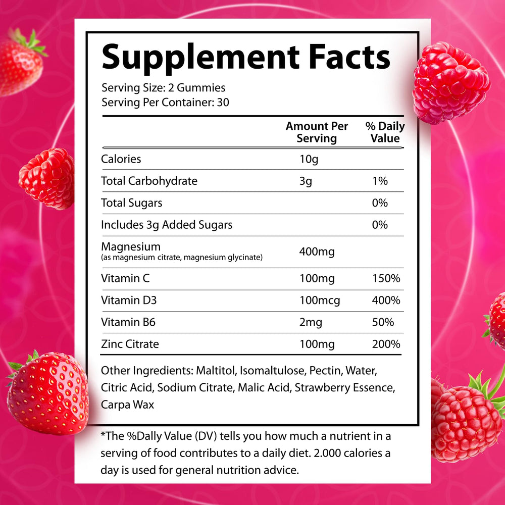 Supplement facts label close-up for magnesium glycinate gummies