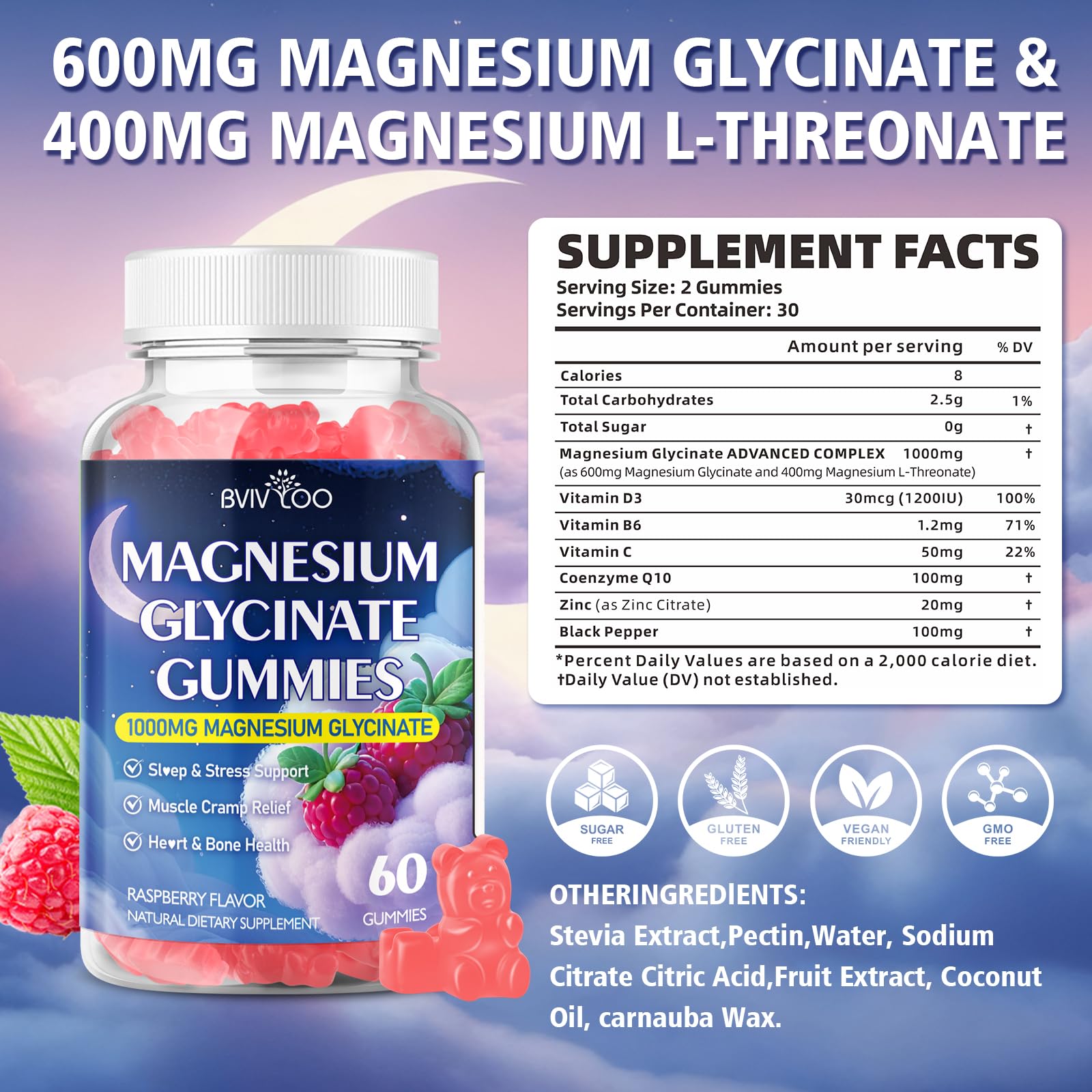 Side view of bottle showing label and 60 gummies