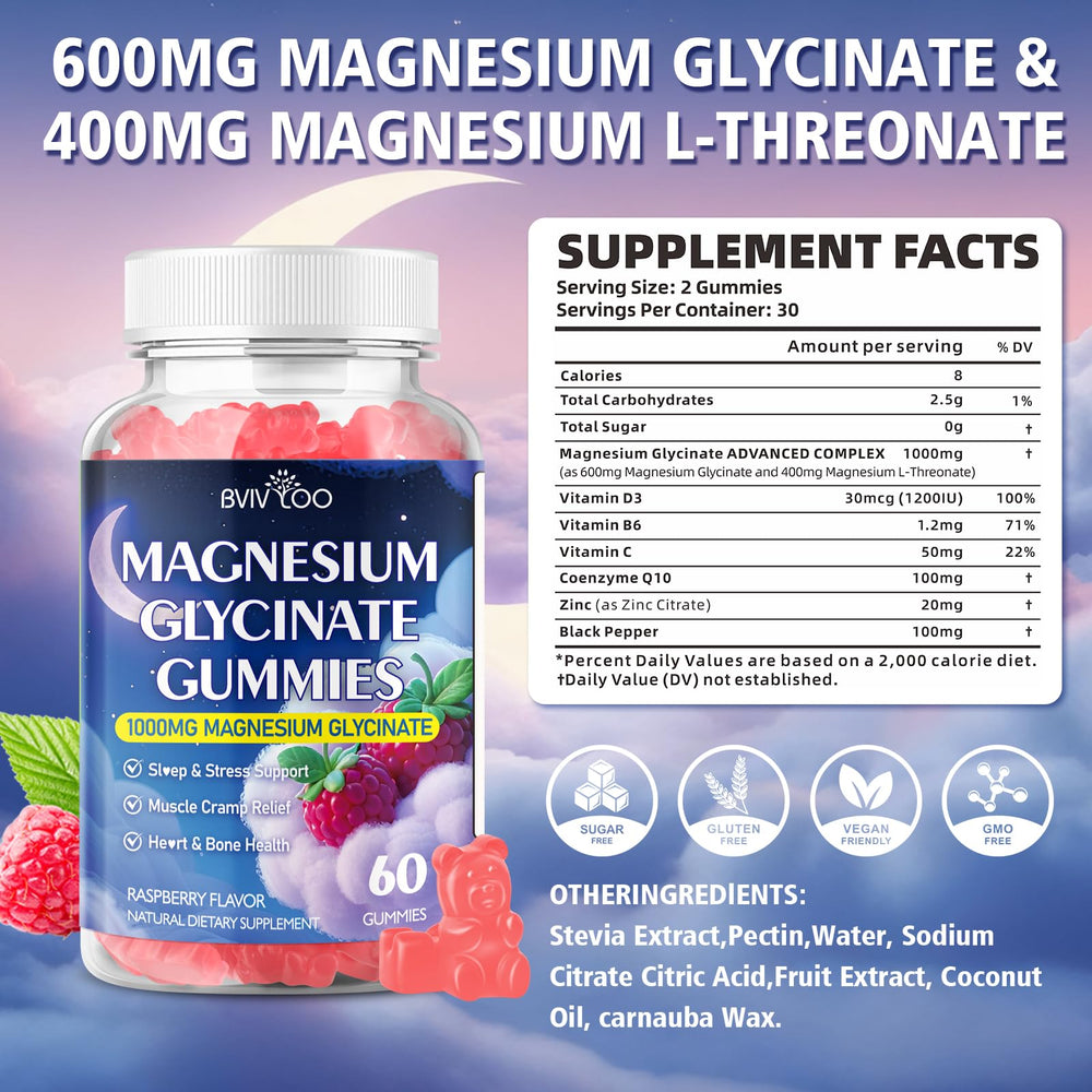 Side view of bottle showing label and 60 gummies