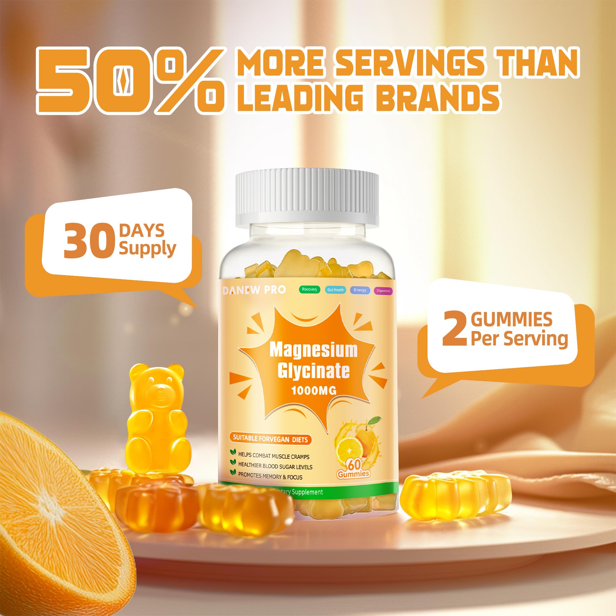 Sugar-free label on orange magnesium gummies packaging