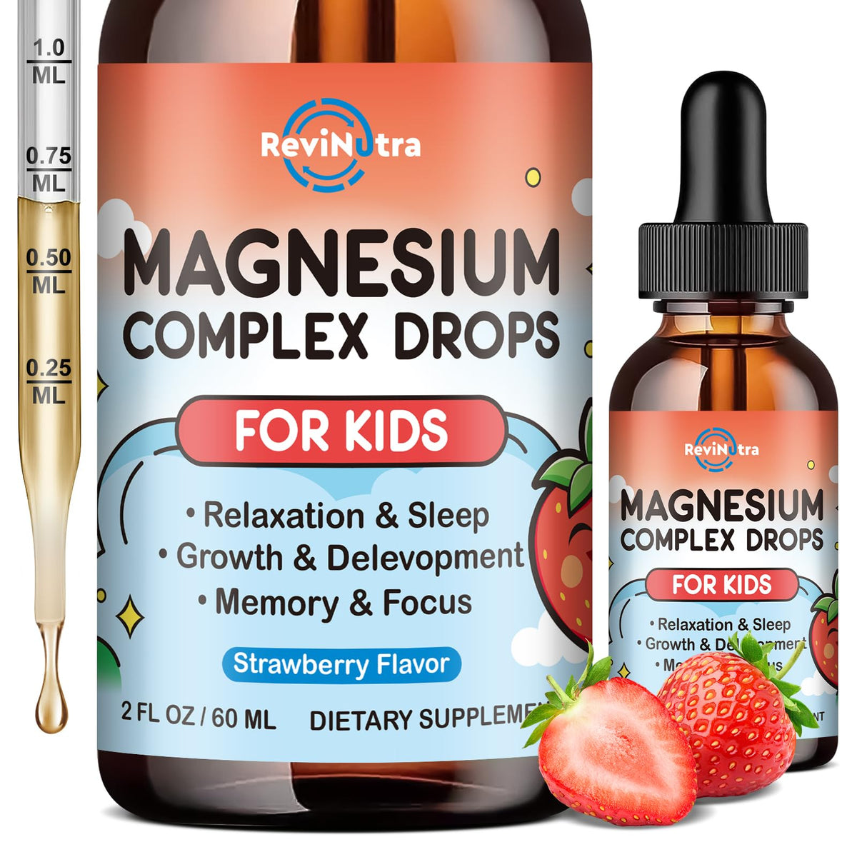 Kids magnesium glycinate liquid drops bottle in strawberry flavor