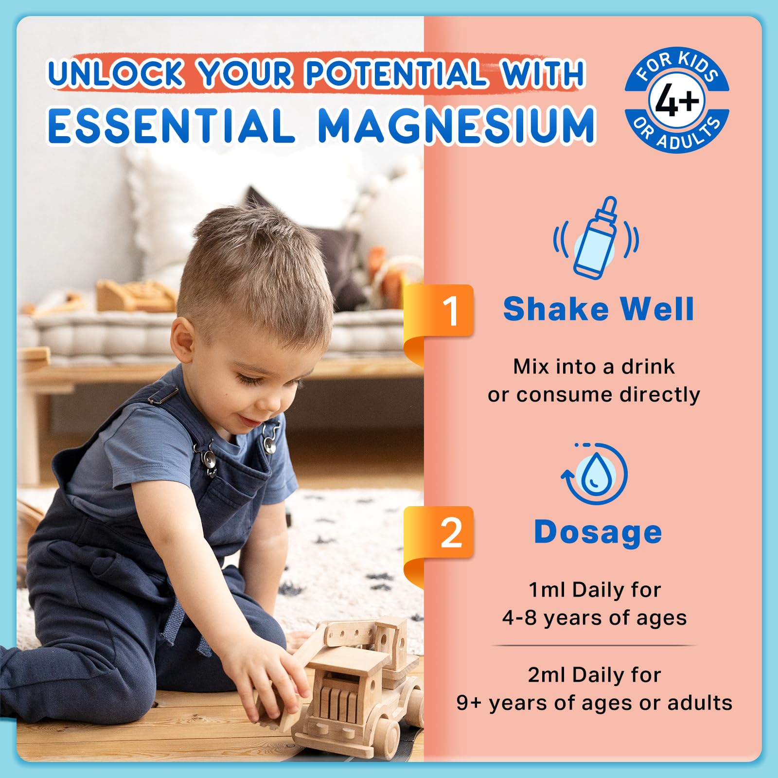 Illustration of sleep, calm, and focus benefits from kids' magnesium drops