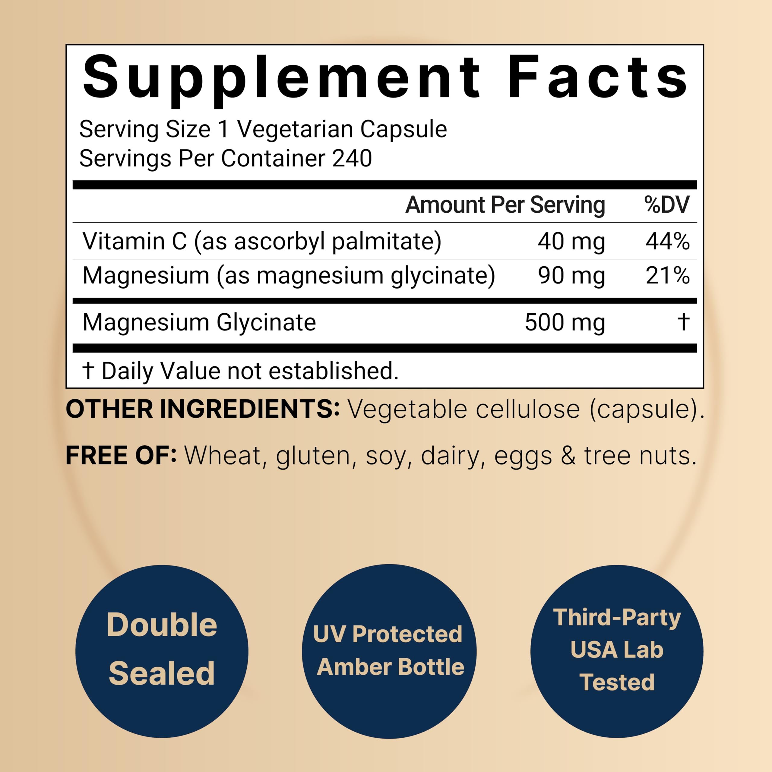 Supplement facts label showing magnesium glycinate and vitamin C