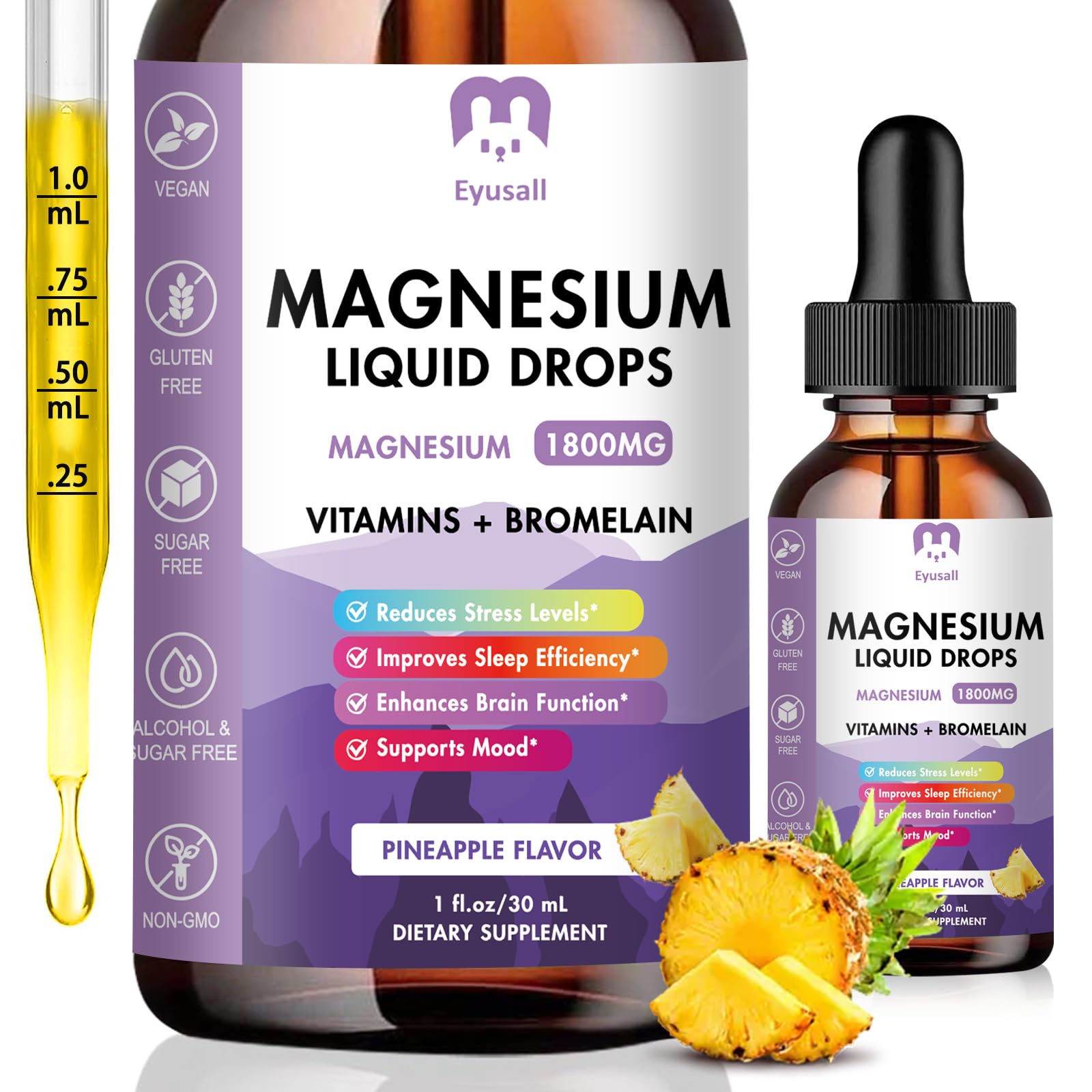 Magnesium Glycinate Liquid Drops 1800mg bottle with pineapple flavor