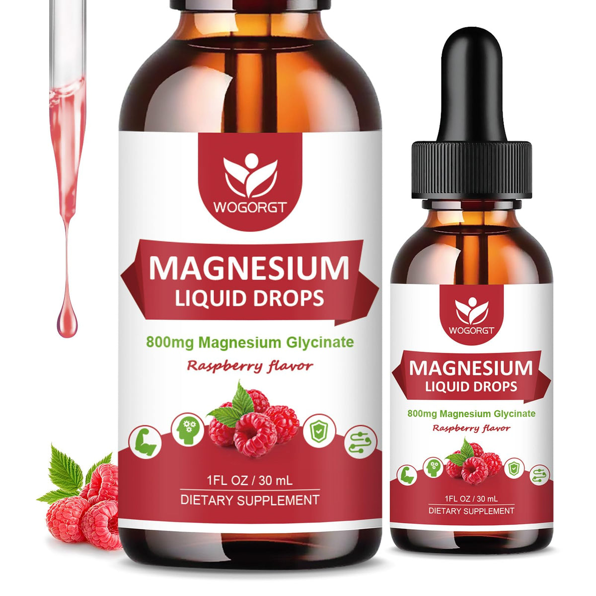 Two bottles of raspberry magnesium glycinate liquid drops in a 2-pack