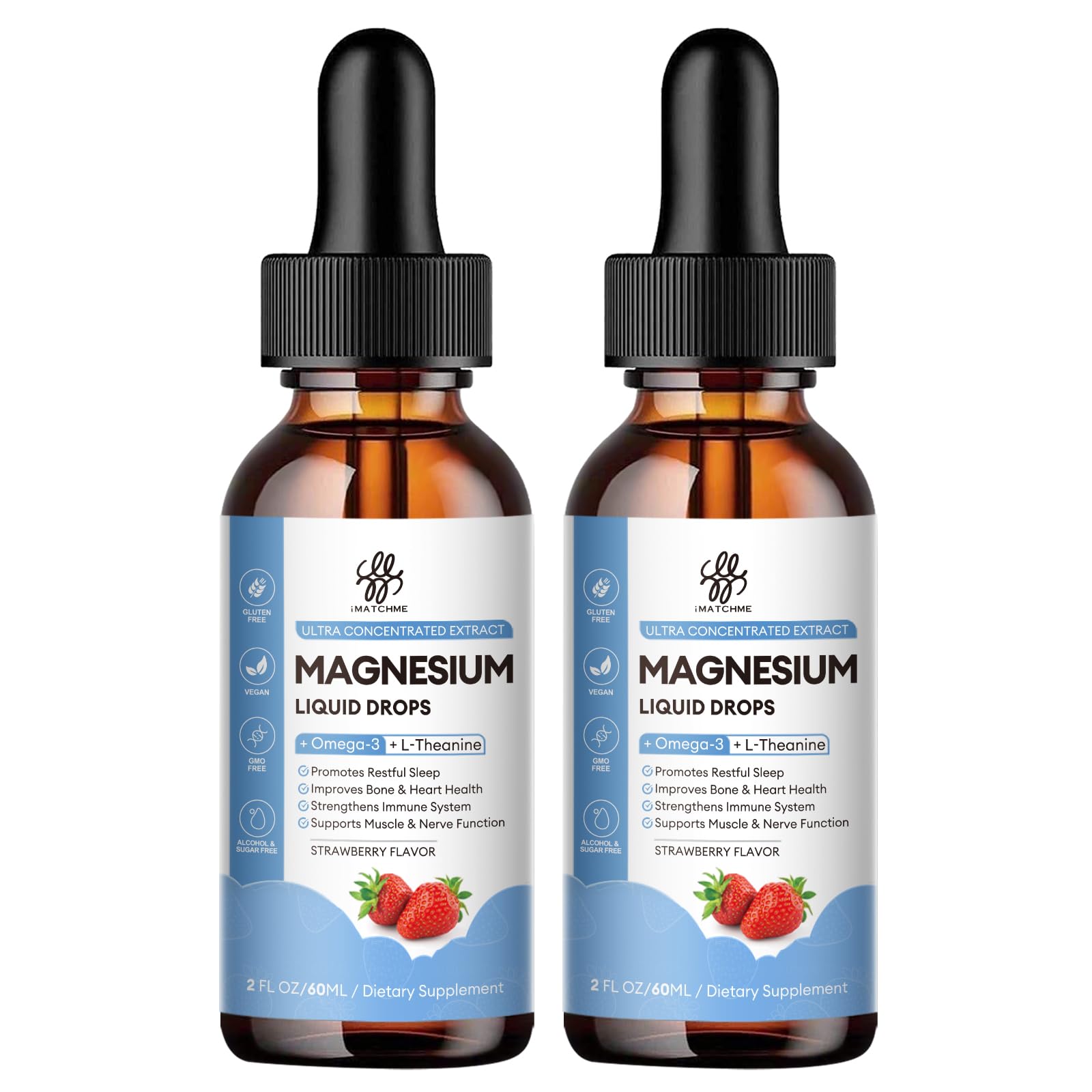 Front view of the 2-pack Magnesium Glycinate Liquid Drops strawberry flavor bottle