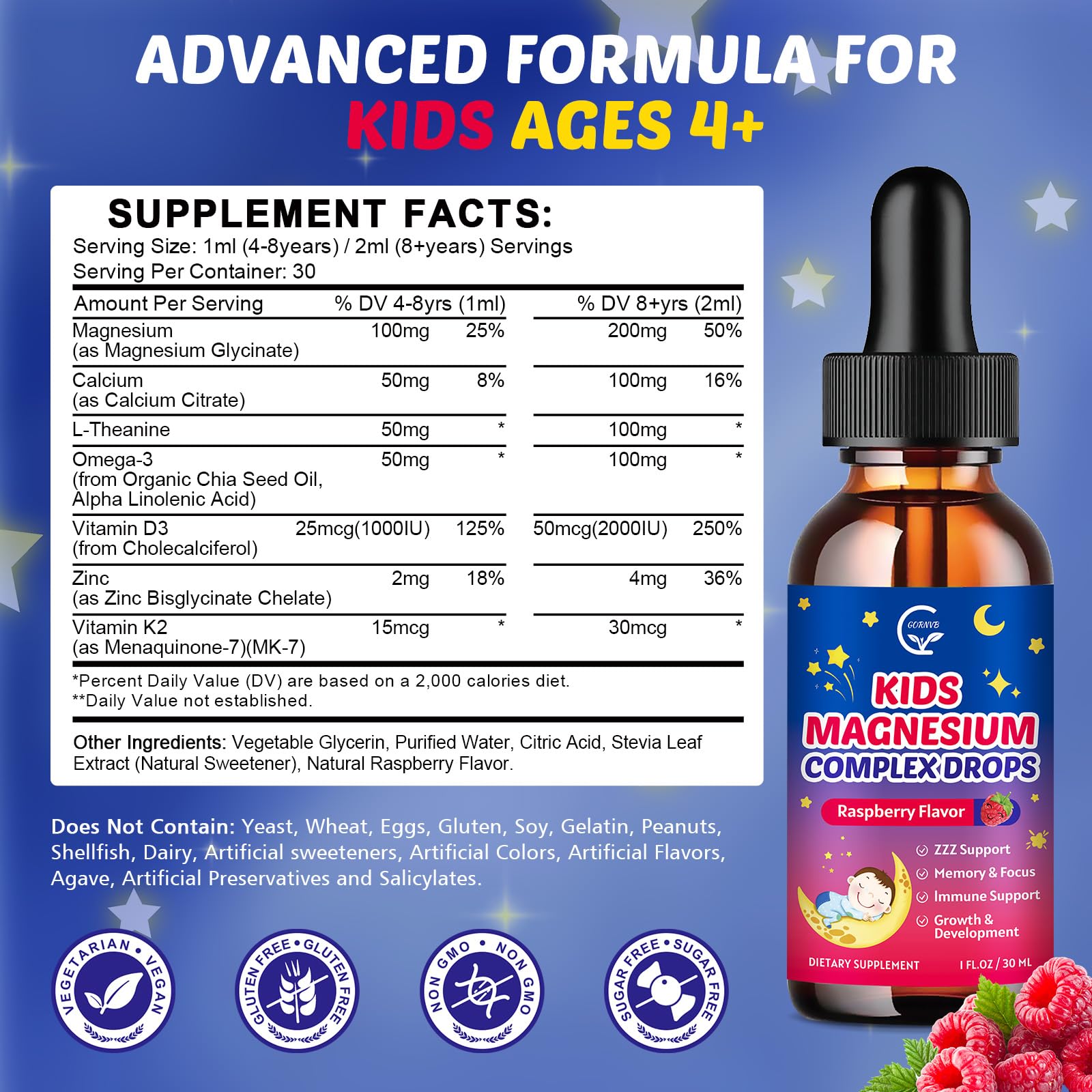 Dropper dispensing magnesium glycinate liquid for kids