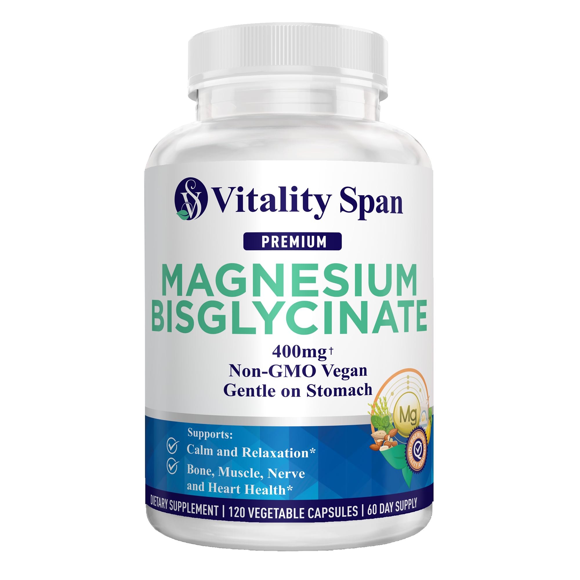 Bottle of Vitality Span Magnesium Glycinate & Oxide 400mg capsules.