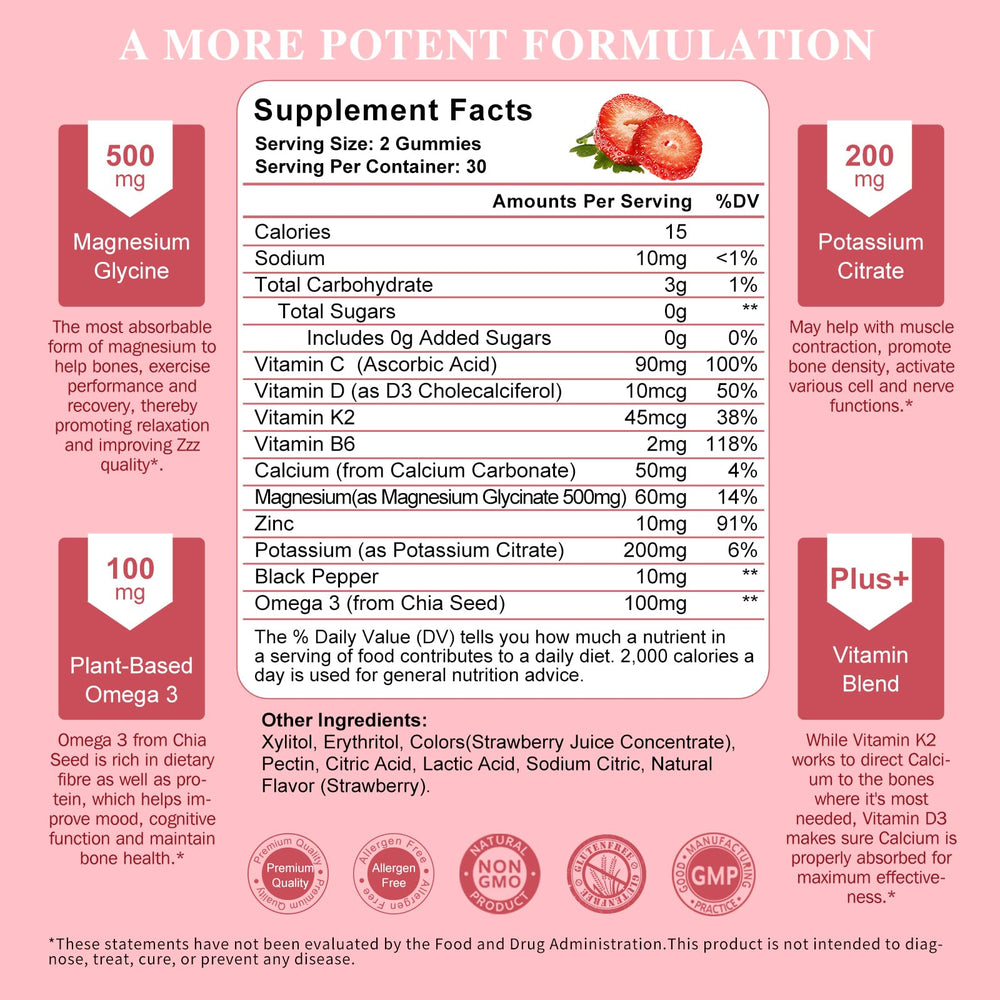Close-up of gummies labeled magnesium glycinate and potassium citrate with omega-3