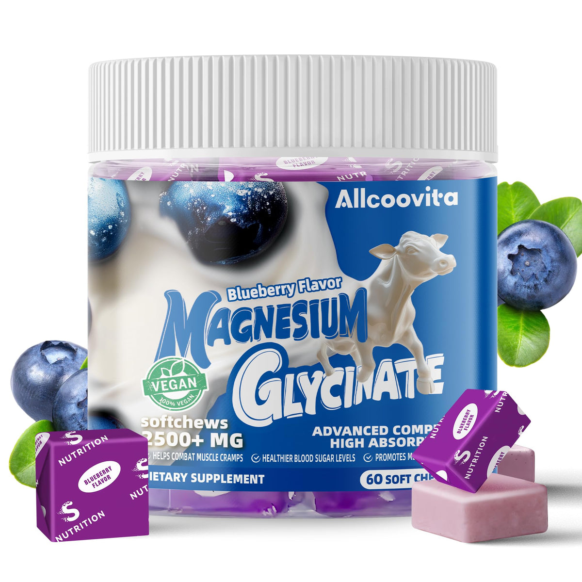 Blueberry flavor Magnesium Glycinate Soft Chews – front view