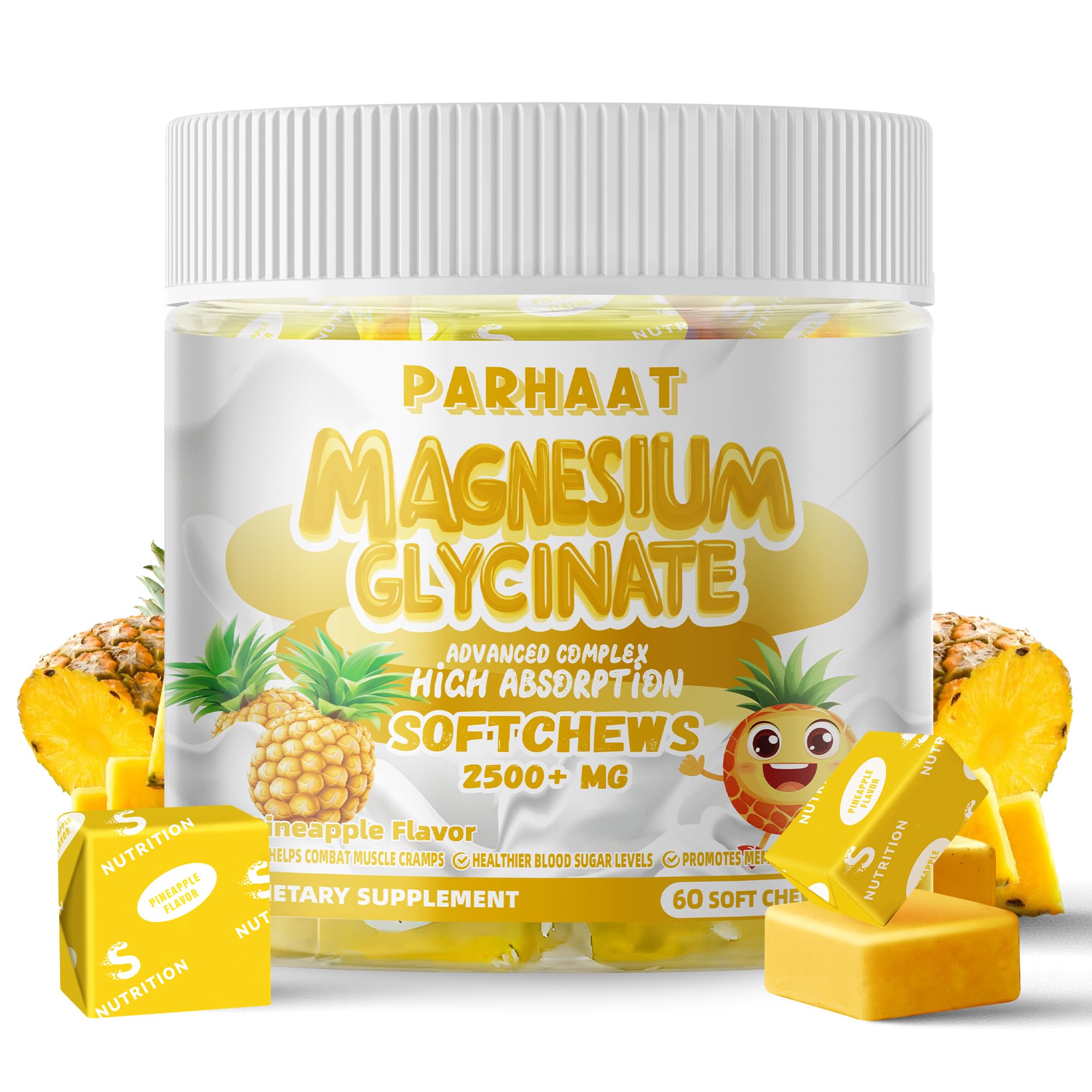 Front view of Magnesium Glycinate Soft Chews pineapple flavor bottle