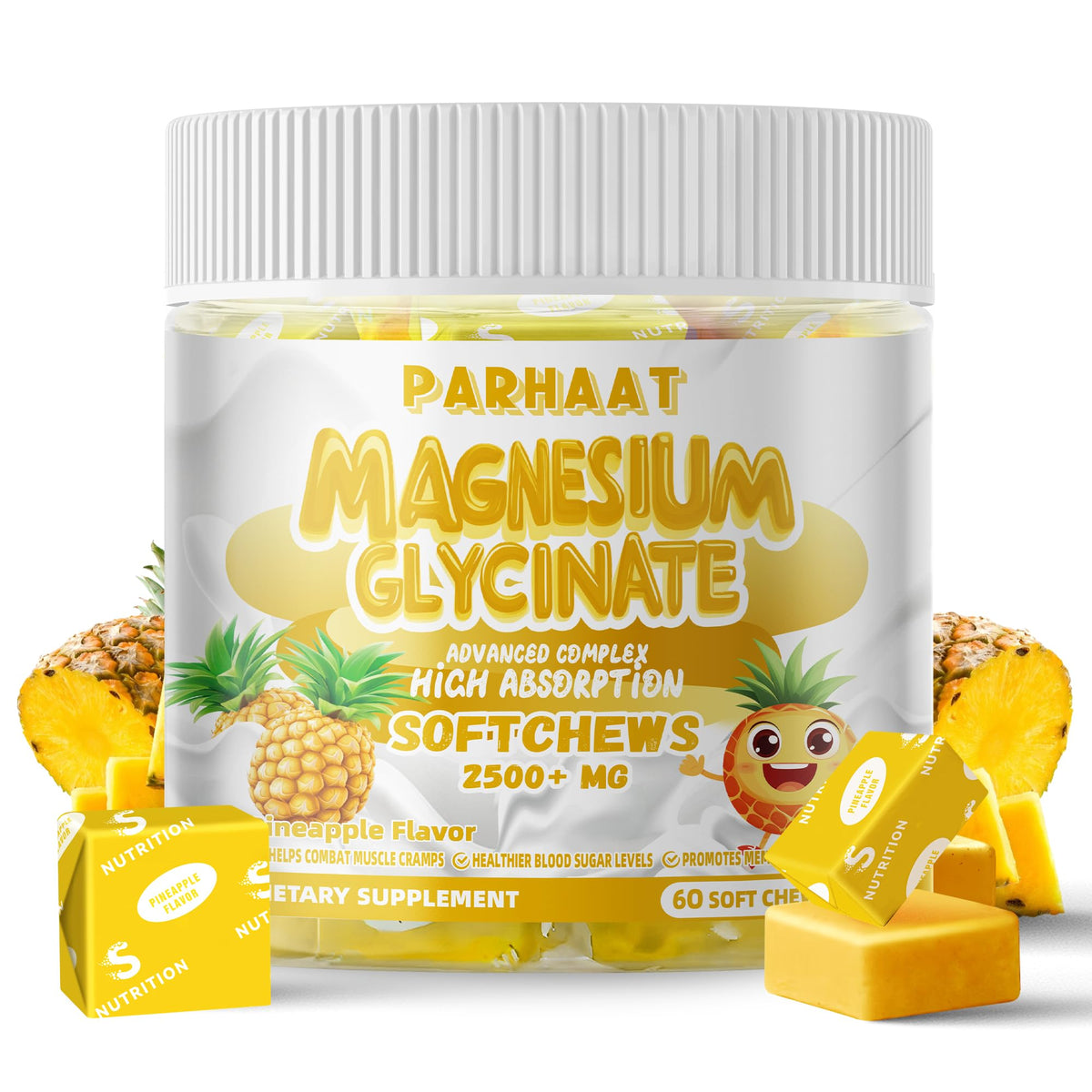 Front view of Magnesium Glycinate Soft Chews pineapple flavor bottle