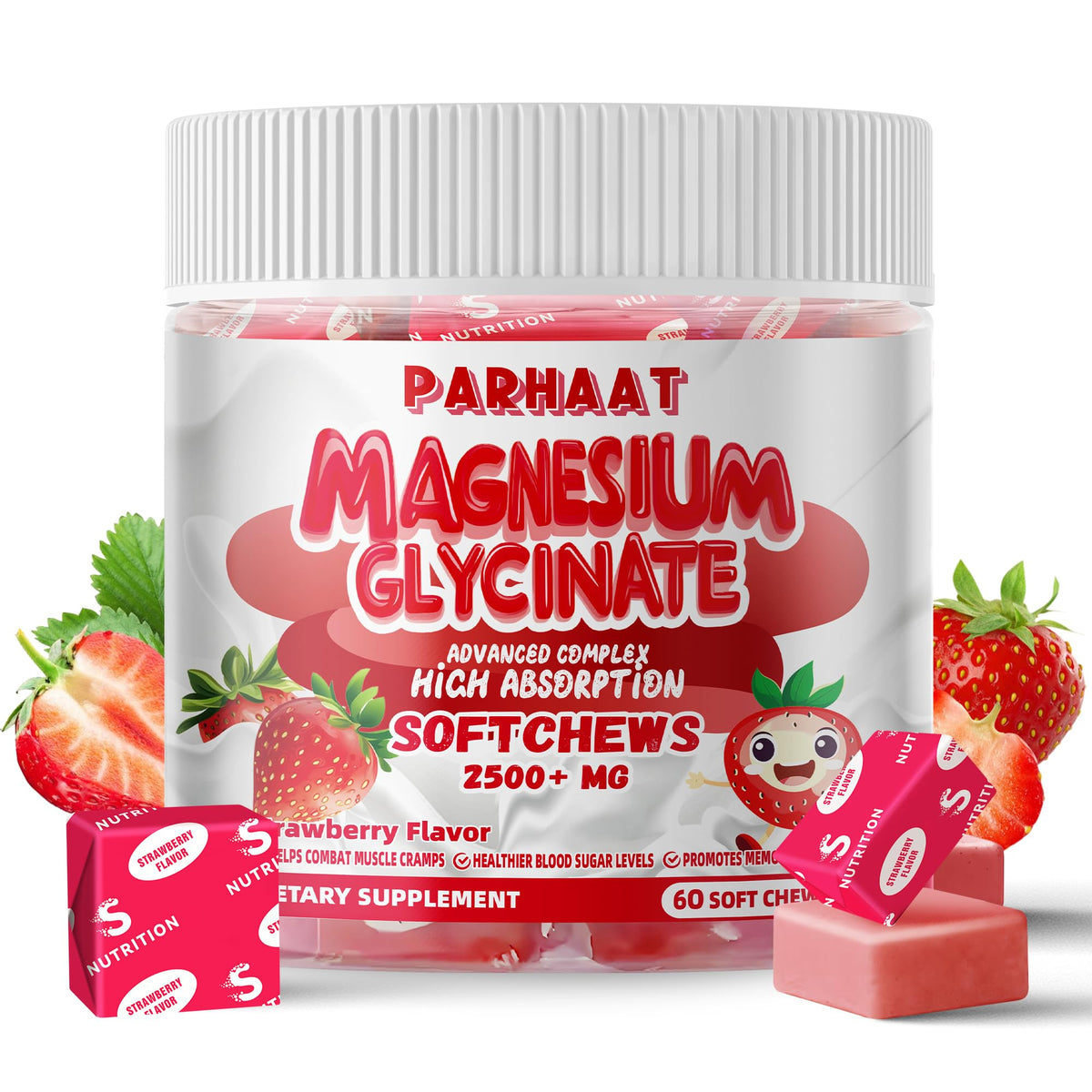 Strawberry flavor Magnesium Glycinate Soft Chews bottle front view