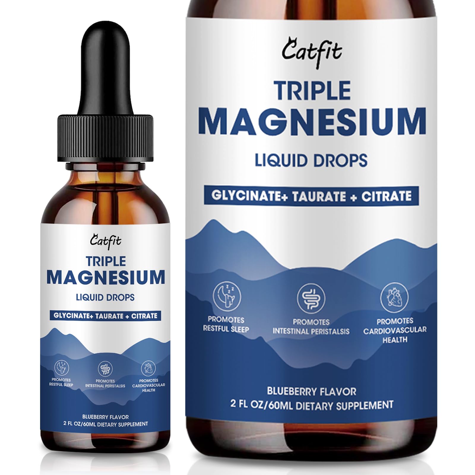 Blueberry-flavored magnesium glycinate taurate citrate liquid drops bottle