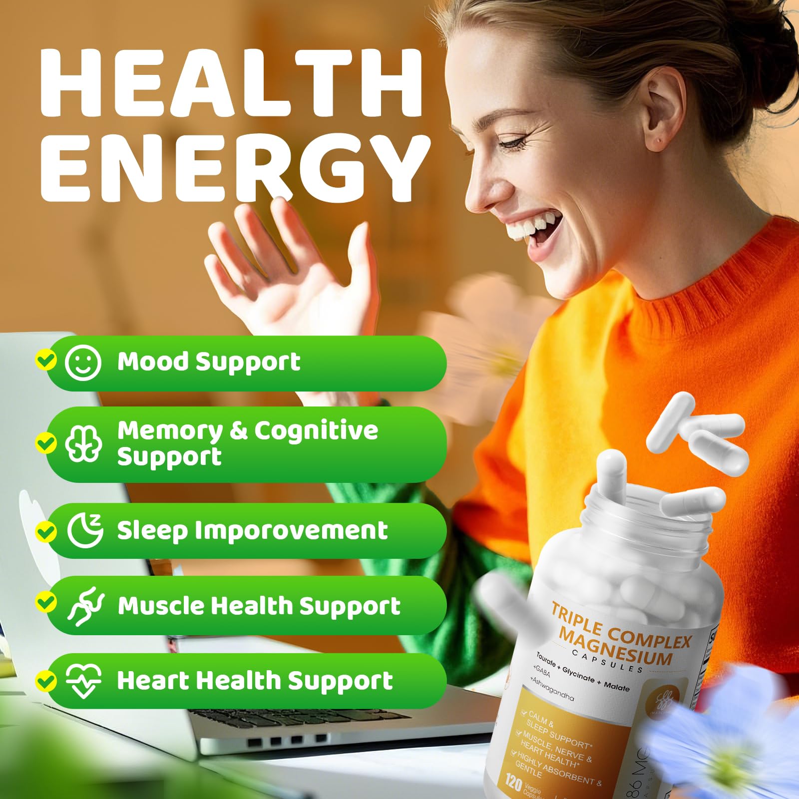 Illustration of chelated magnesium glycinate, taurate and malate for high absorption