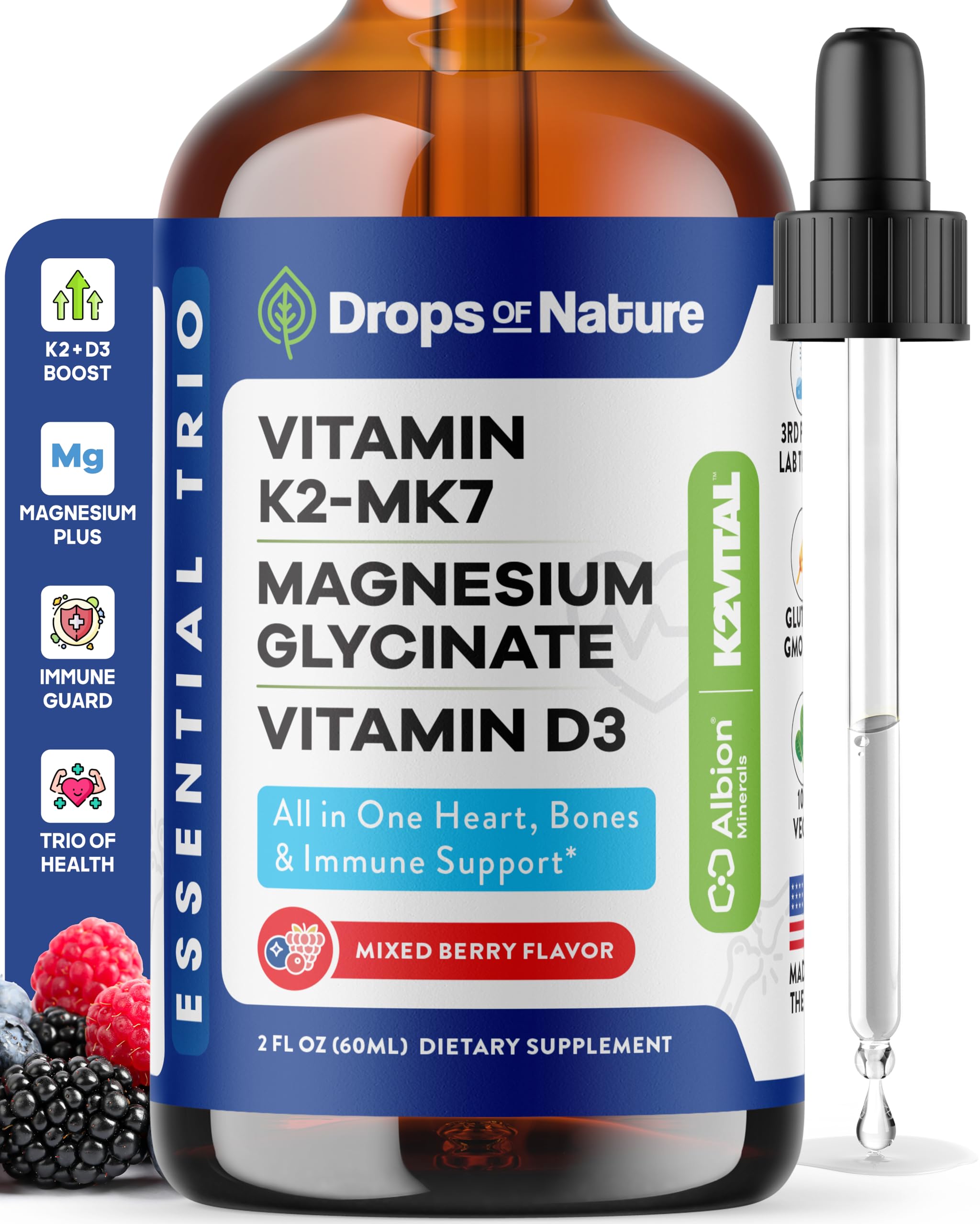 Bottle showing magnesium glycinate, vitamin K2 MK7 and vitamin D3 mixed berry liquid supplement (60 mL)