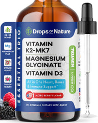 Bottle showing magnesium glycinate, vitamin K2 MK7 and vitamin D3 mixed berry liquid supplement (60 mL)