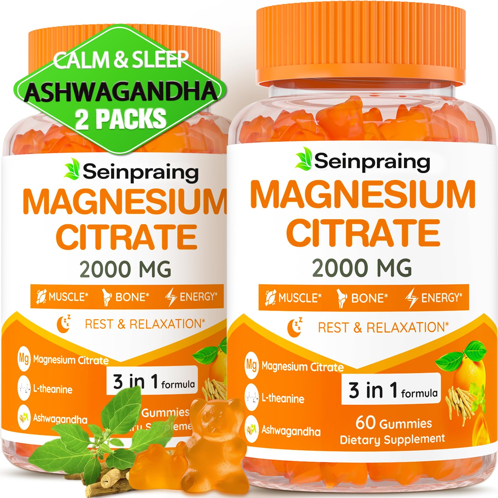 Bottle front view of Magnesium Gummies 2000mg with Ashwagandha label