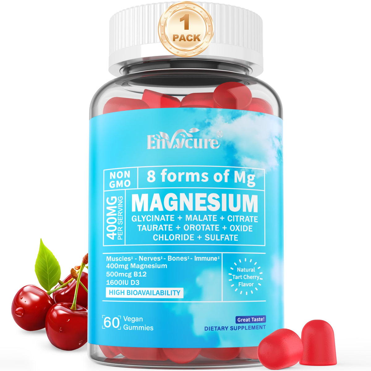Front packaging showing the magnesium gummies and 8 forms
