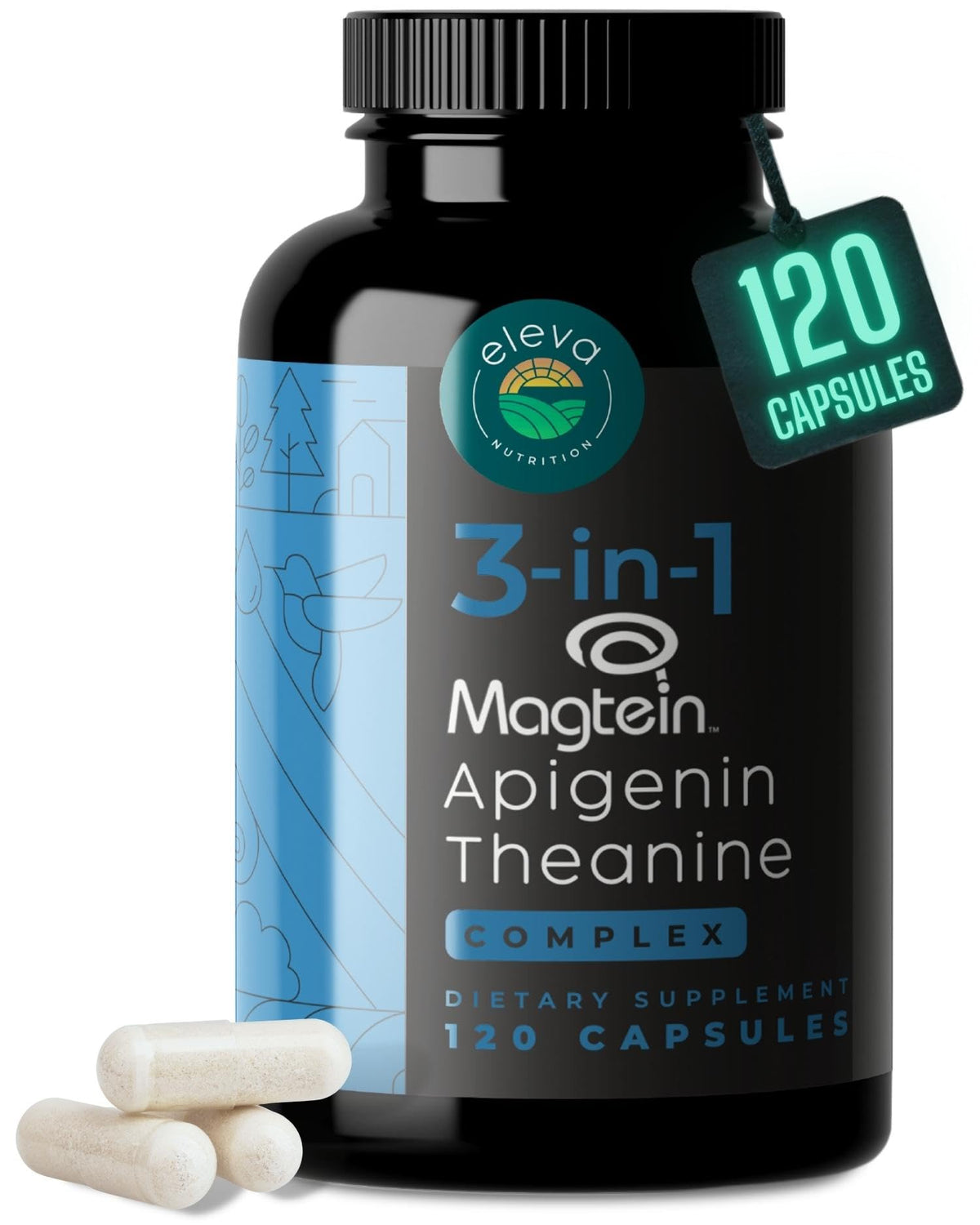 Eleva Nutrition Magnesium L-Theanine Apigenin Sleep Aid bottle – 120 count veggie capsules