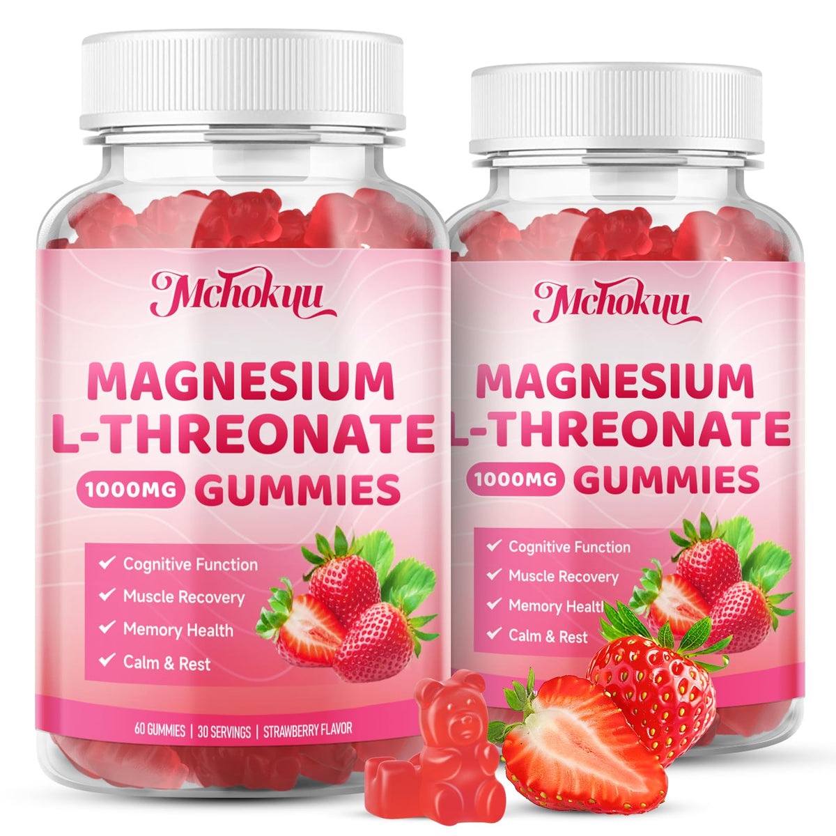 Magnesium L-Threonate Gummies bottle front with strawberry flavor
