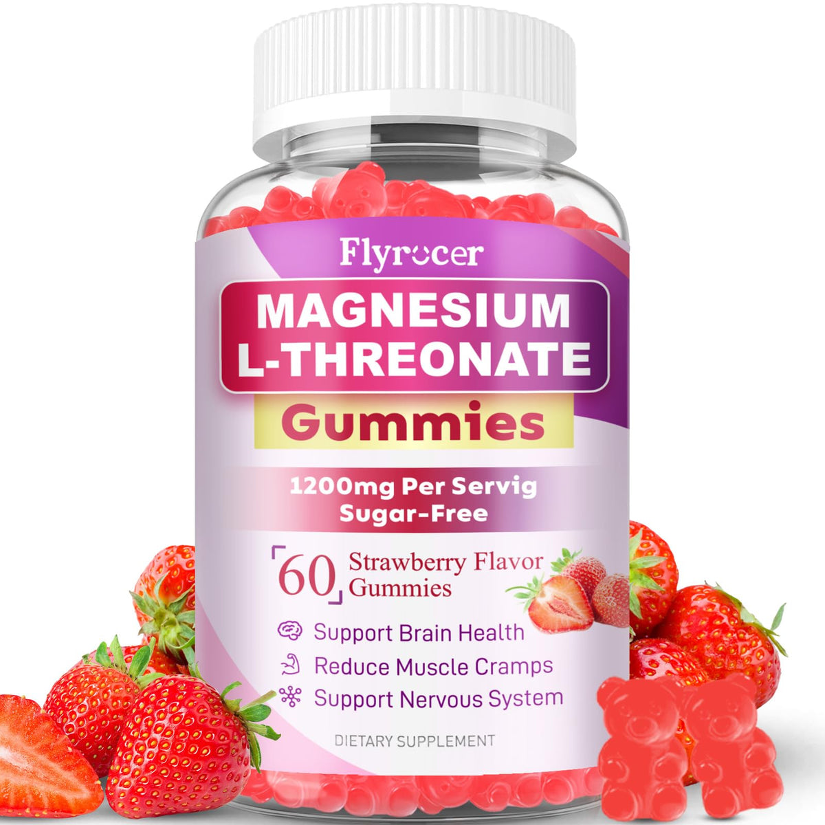 Magnesium L-Threonate Gummies bottle front - Strawberry flavor, 60 count