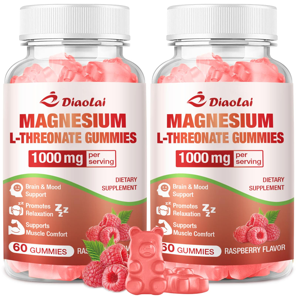 Two-pack bottle of magnesium L-Threonate gummies raspberry flavor - front view