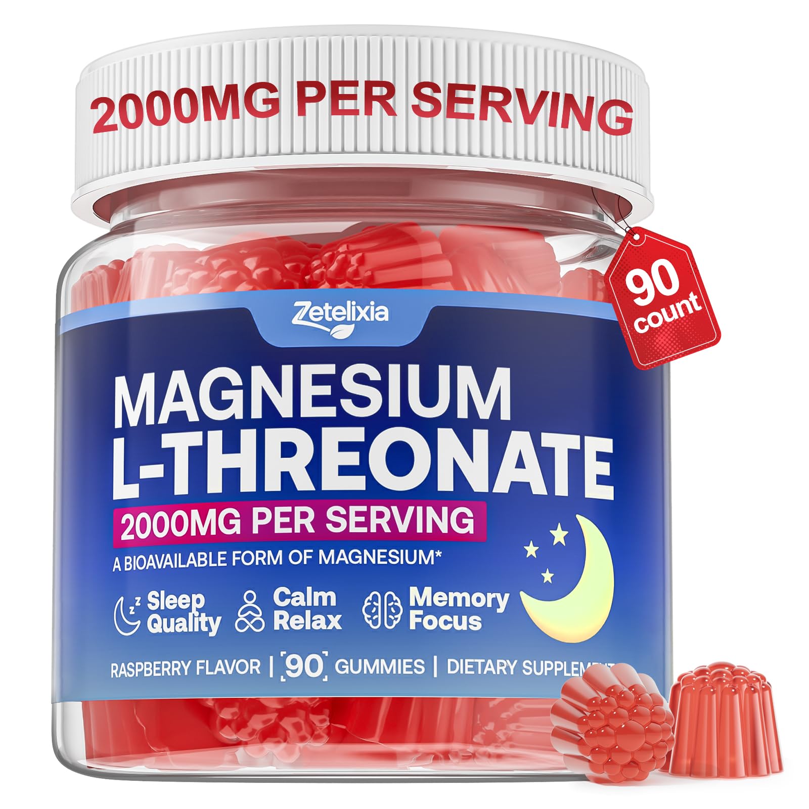 90-count Magnesium L-Threonate gummies with raspberry flavor