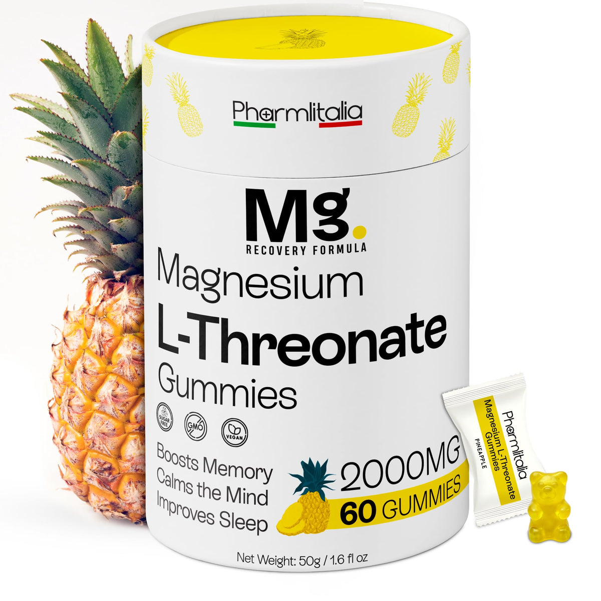 Bottle of Magnesium L-Threonate Gummies with Pineapple flavor, 60-count.