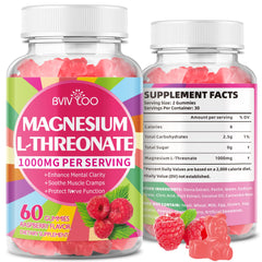 Bottle of 1000mg Magnesium L-Threonate Gummies Raspberry flavor