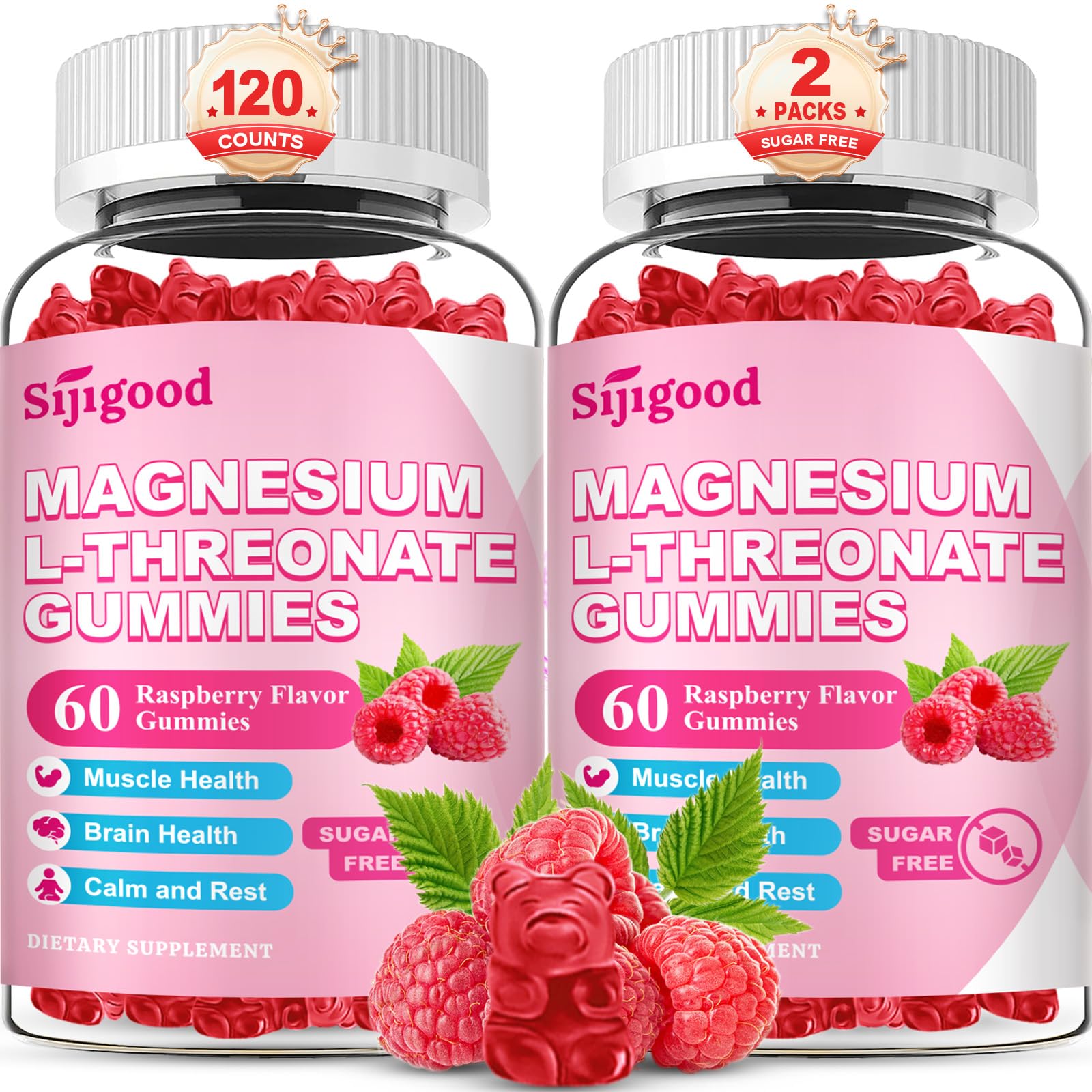 Front view of two pack Magnesium L-Threonate Gummies Raspberry 1200mg