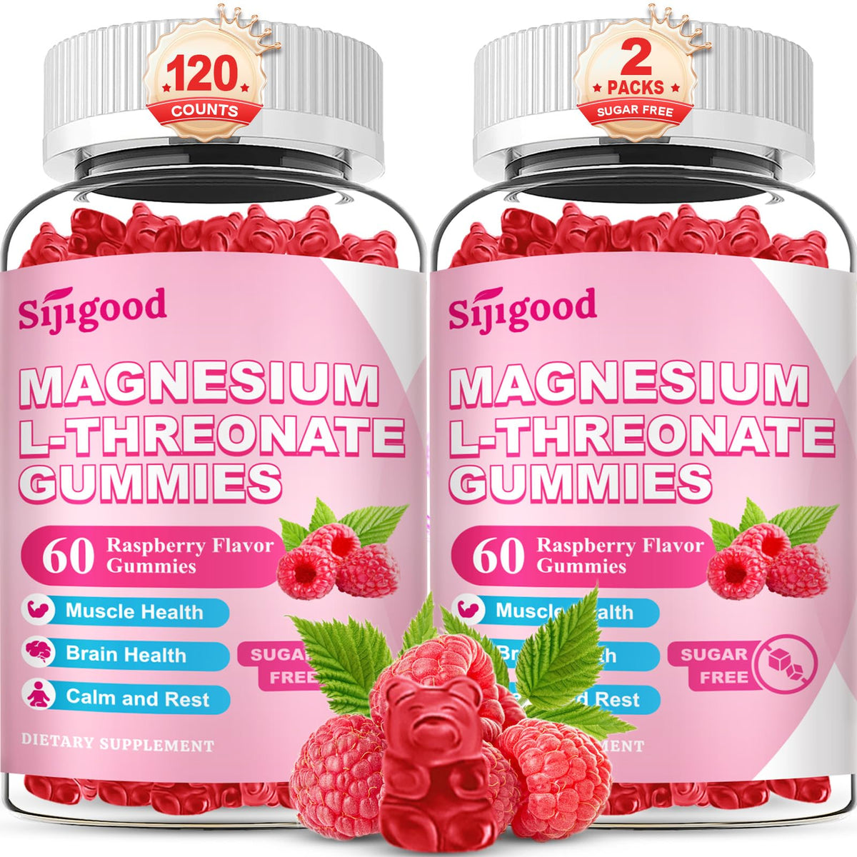 Front view of two pack Magnesium L-Threonate Gummies Raspberry 1200mg