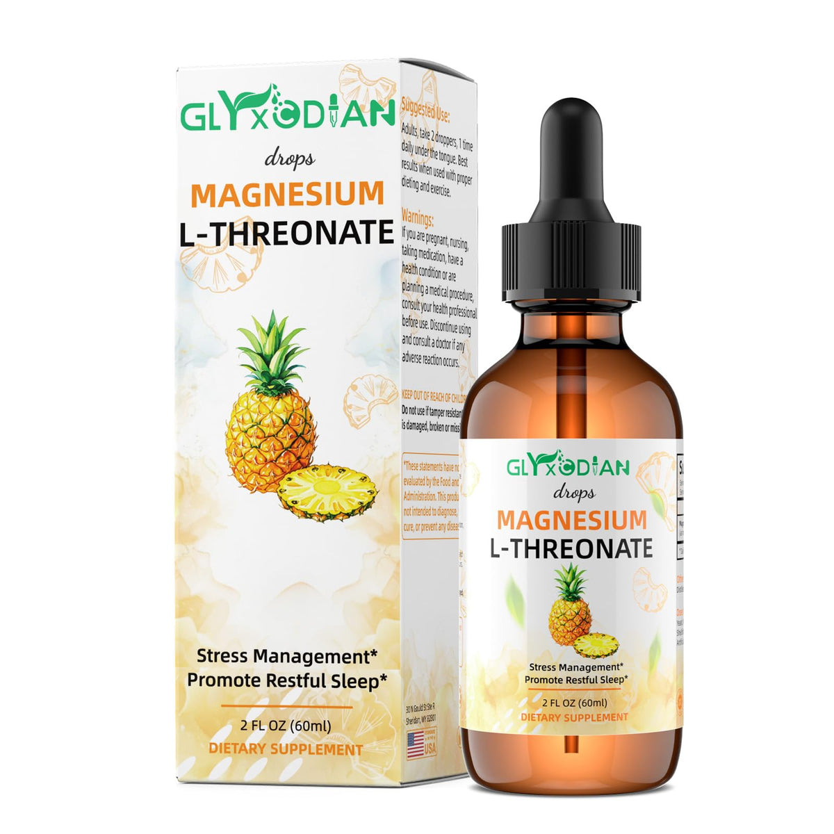 Magnesium L-Threonate Liquid Drops Pineapple flavor – 2 oz bottle