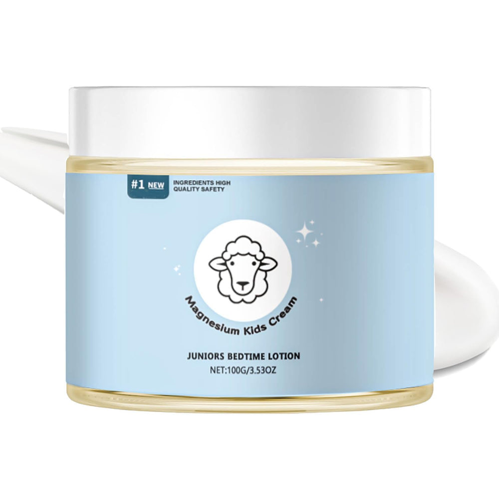 Bottle of magnesium lotion for kids with bedtime routine branding