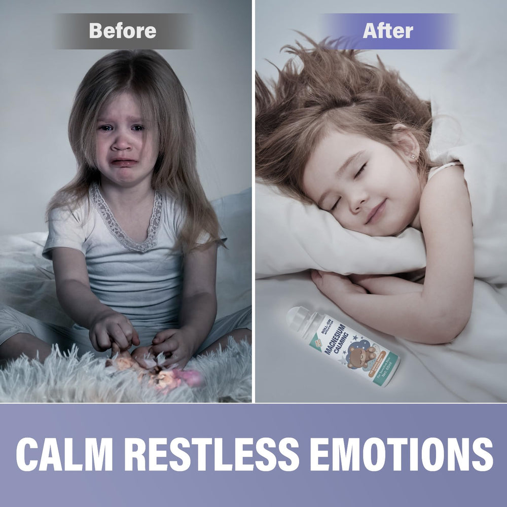 Child applying magnesium lotion to wrist and neck using roll-on