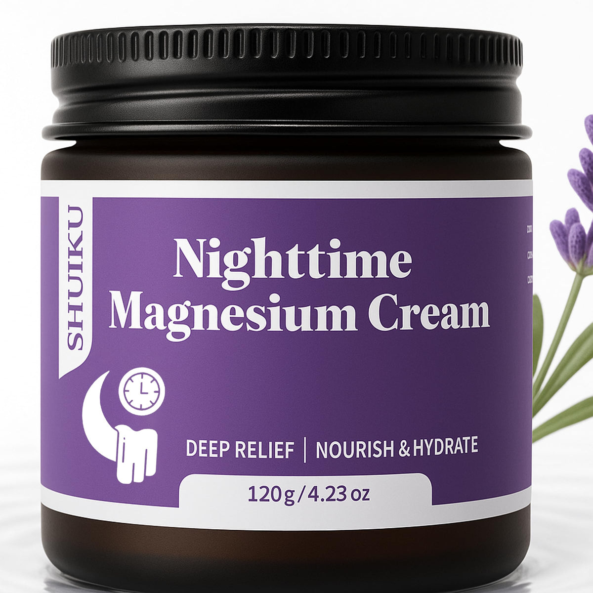 Magnesium Lotion Sleep Calm bottle on nightstand
