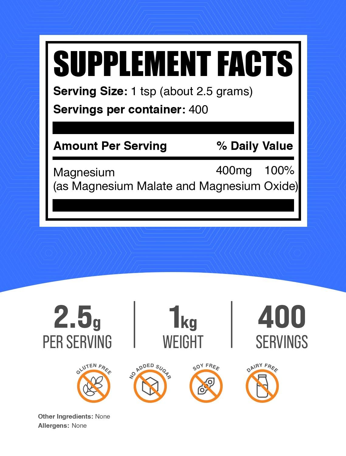 Magnesium Malate powder label showing 300 mg per serving